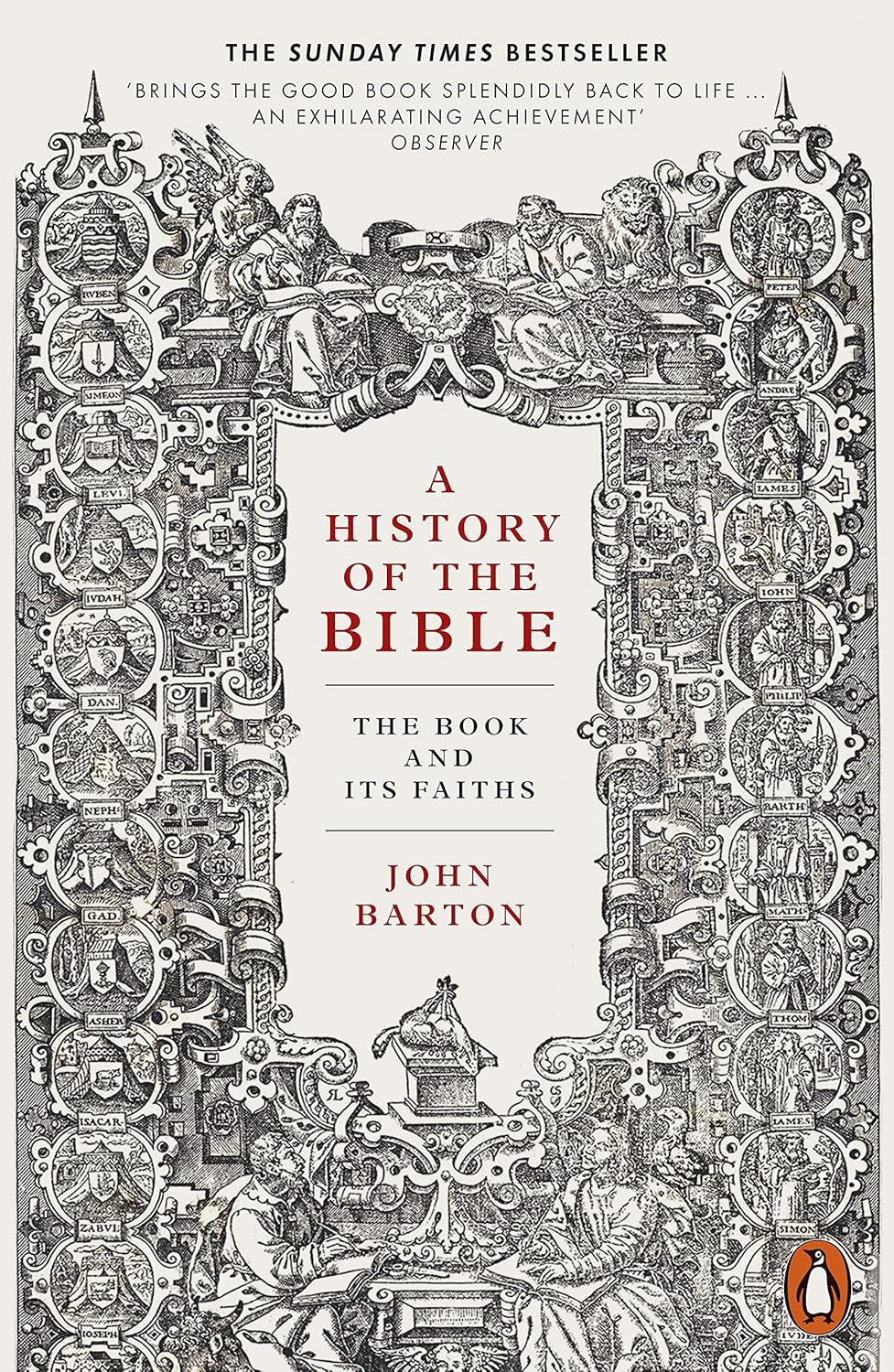 Book cover of 'A History of the Bible' by John Barton with intricate design and text.