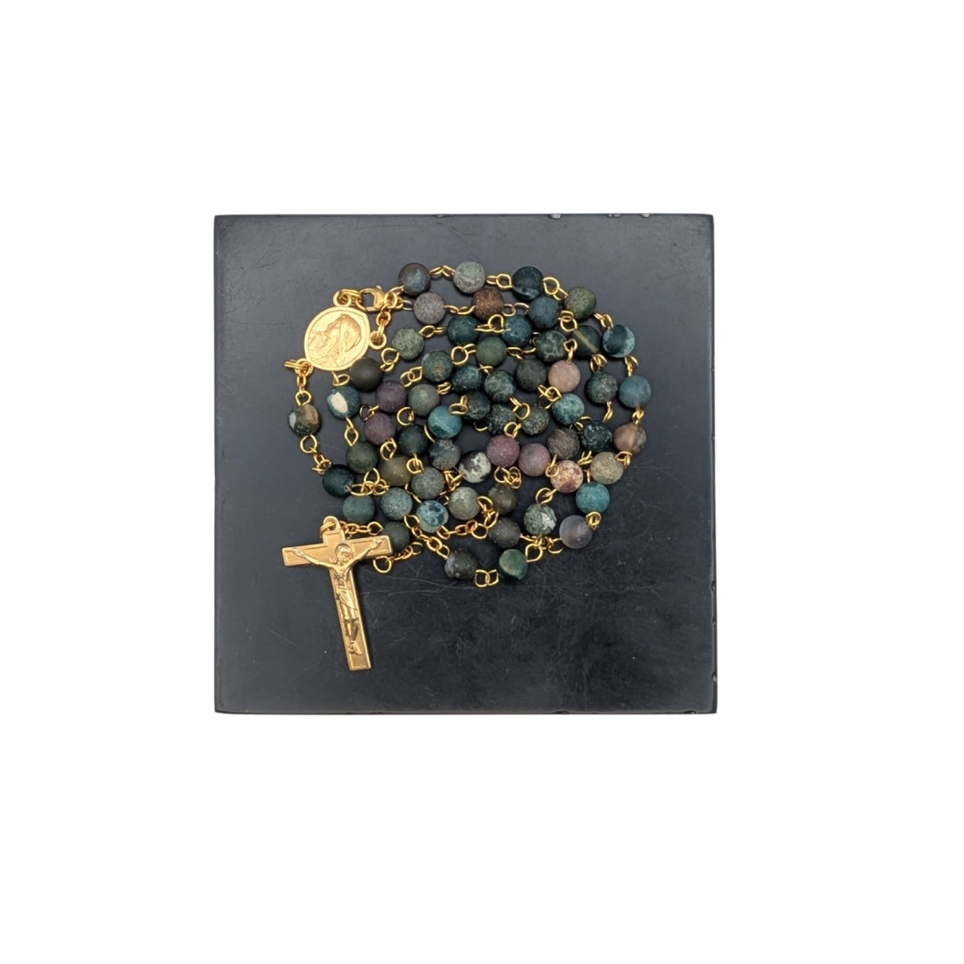 Indian Agata Natural Stone Rosary with Gold Coated Cross