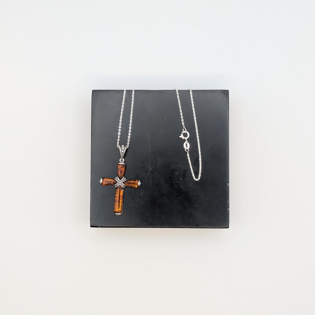 Amber and Silver Cross Necklace