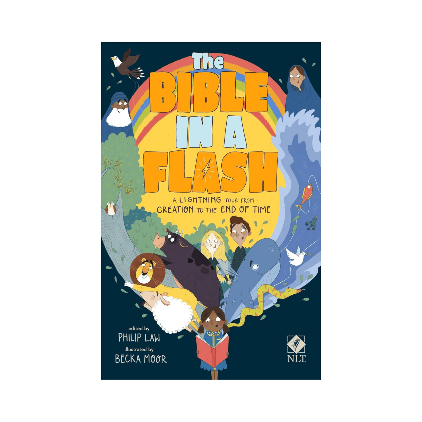 Book cover of 'The Bible in a Flash' with colorful illustrations on a blue background