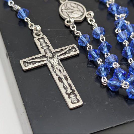 Blue Czech Crystal Rosary with Silver Plated Cross