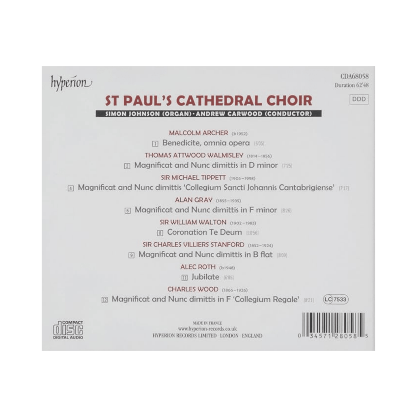 Back cover of a music album featuring St Paul's Cathedral Choir with a list of compositions and conductors.