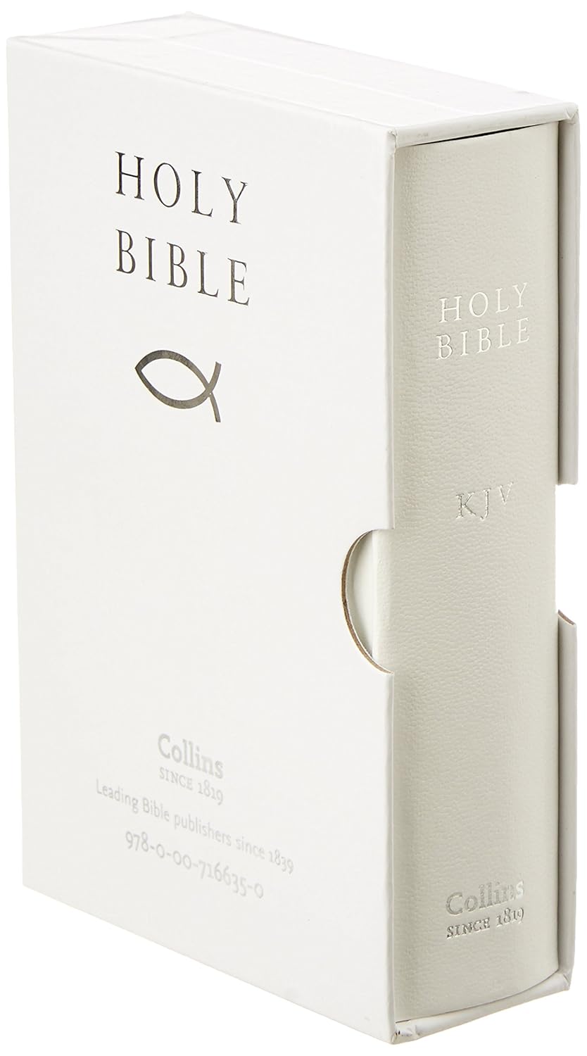 White Bible with fish symbol and 'HOLY BIBLE' text on a white background