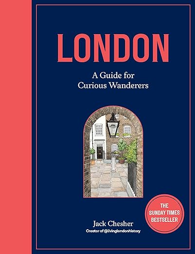 The cover of the book 'London: A Guide for Curious Wanderers' featuring a red and beige design with an illustration of a city street scene.