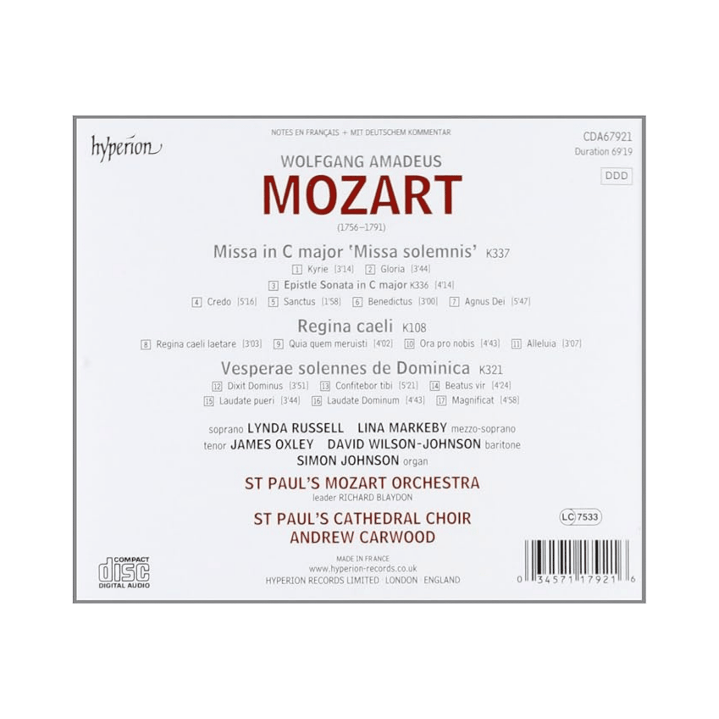 Mozart track listing on back cover with text and Hyperion logo