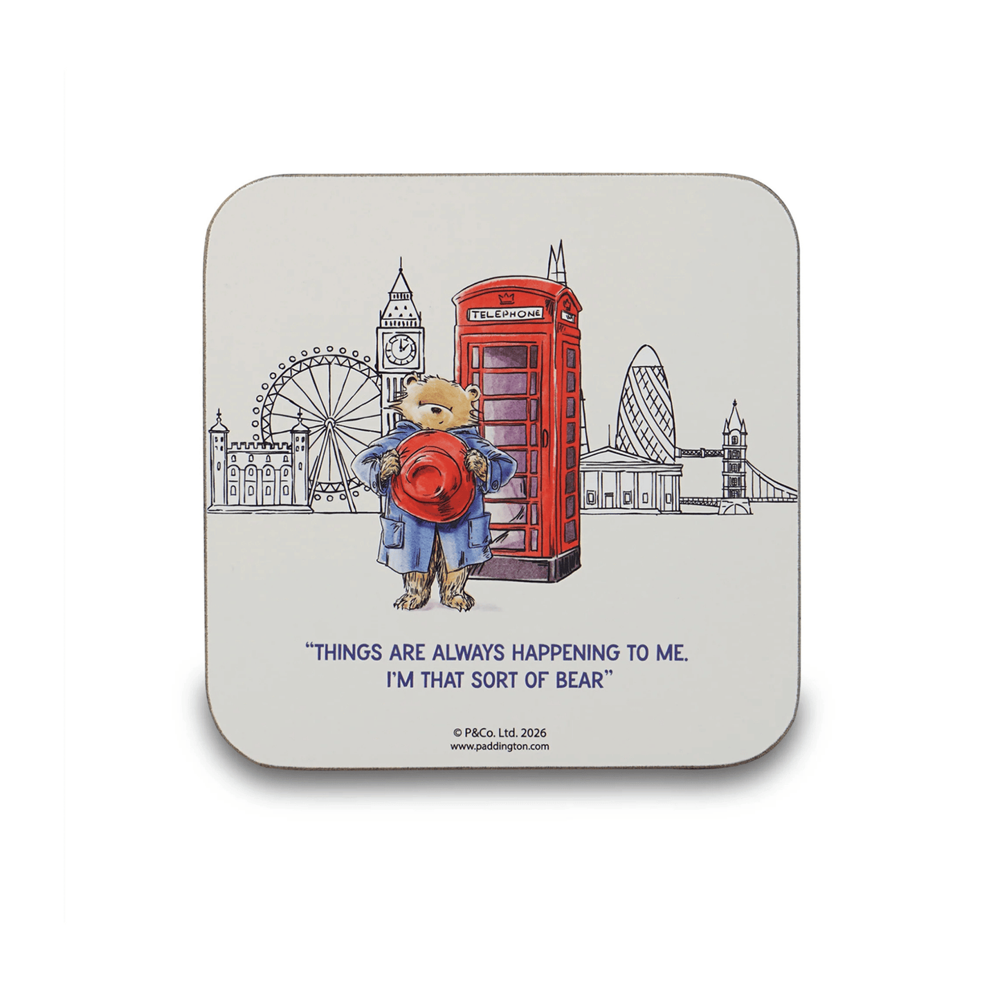 Coaster with Paddington Bear design featuring London landmarks and quote.