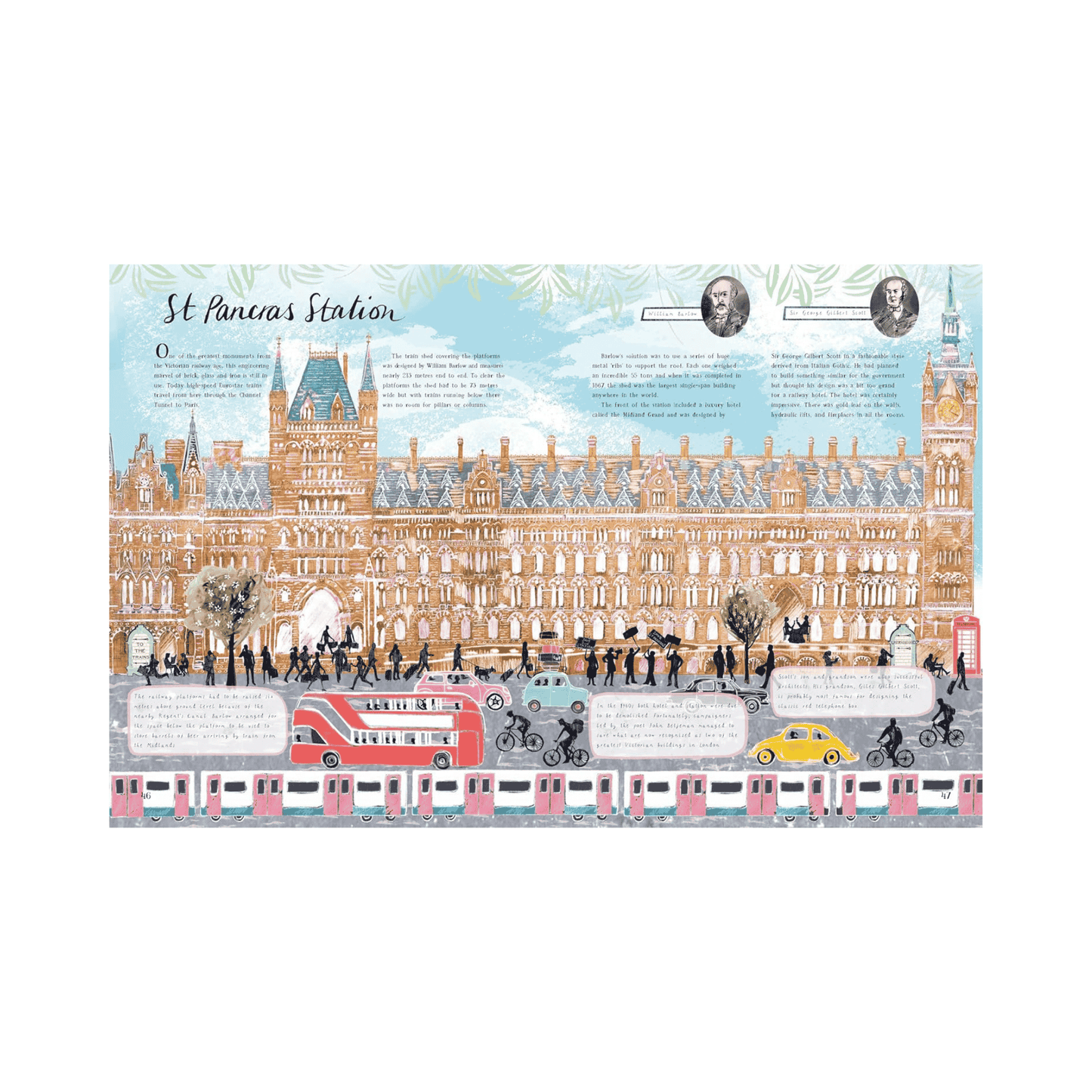 Illustration of St Pancras Station with vintage vehicles and people.