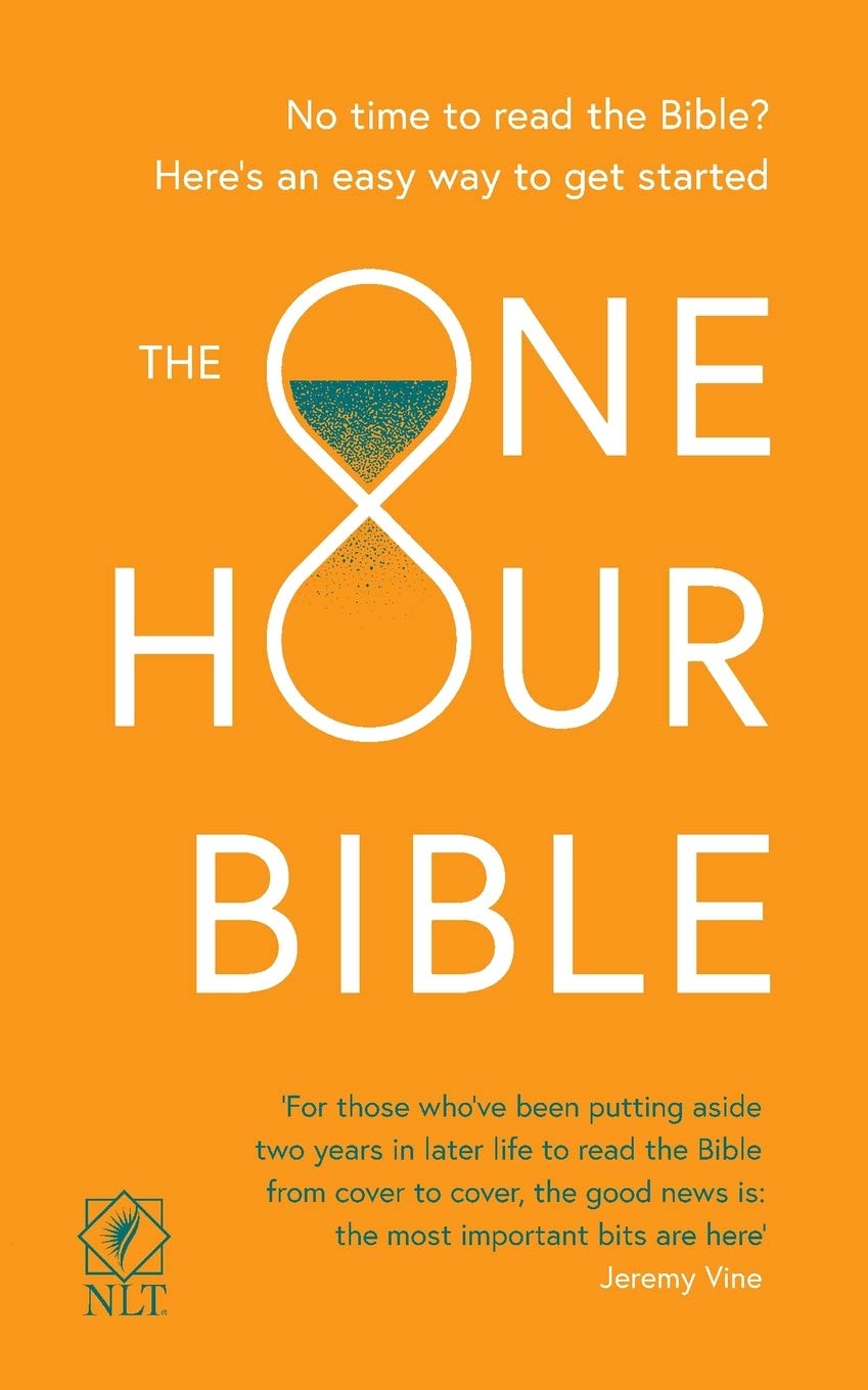 The cover of 'The One Hour Bible' featuring a yellow background with a white hourglass design and text that reads 'No time to read the Bible? Here's an easy way to get started.'.