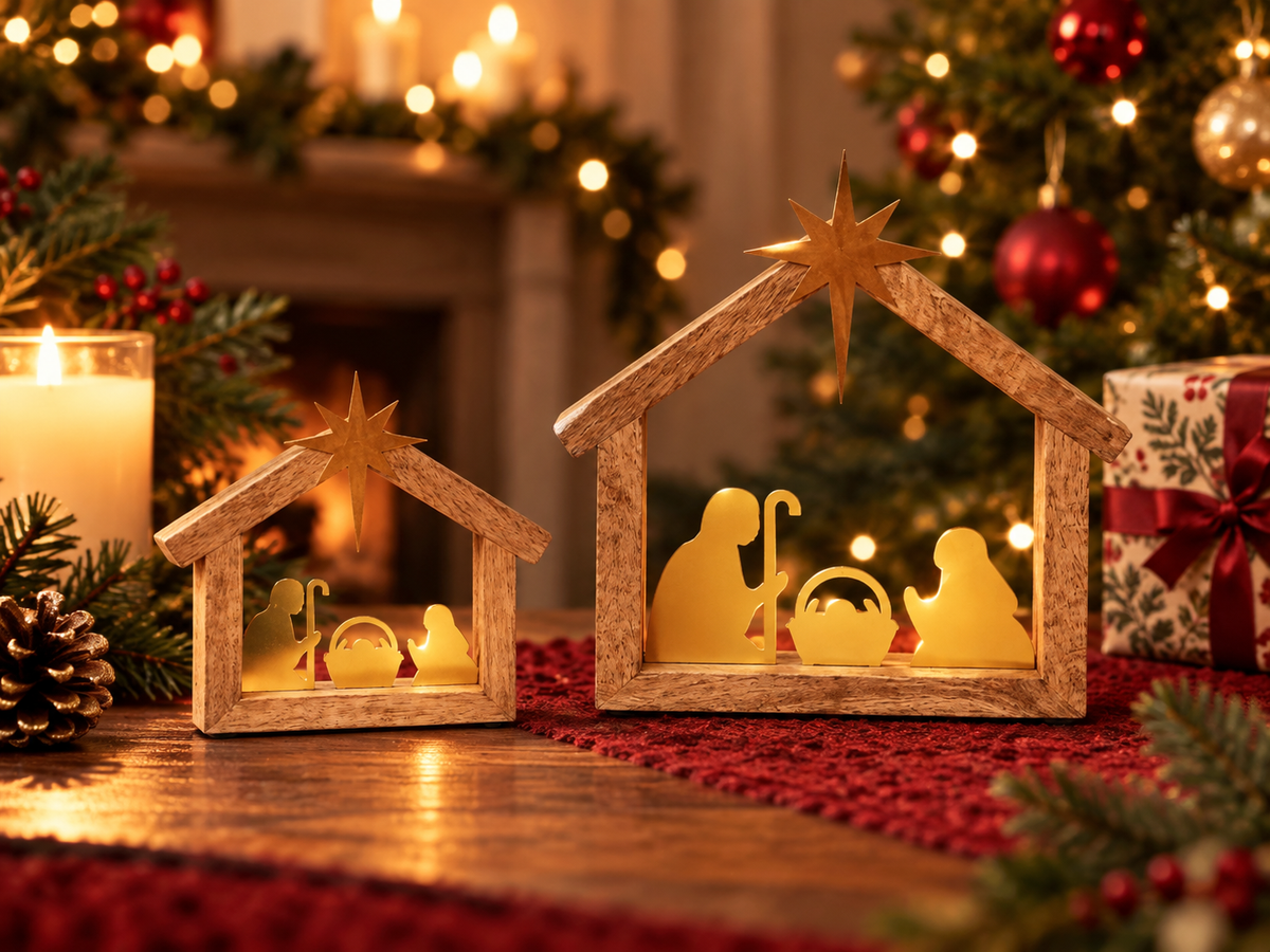 Gold Nativity with Wooden Base