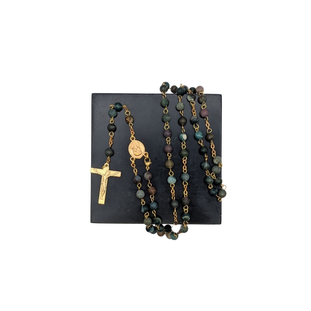 Indian Agata Natural Stone Rosary with Gold Coated Cross