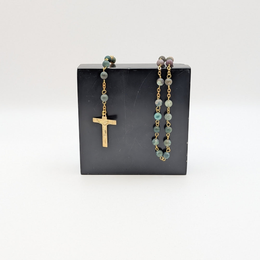 Indian Agata Natural Stone Rosary with Gold Coated Cross