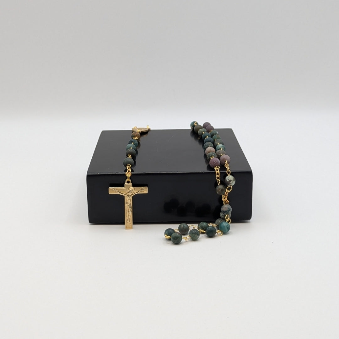 Indian Agata Natural Stone Rosary with Gold Coated Cross