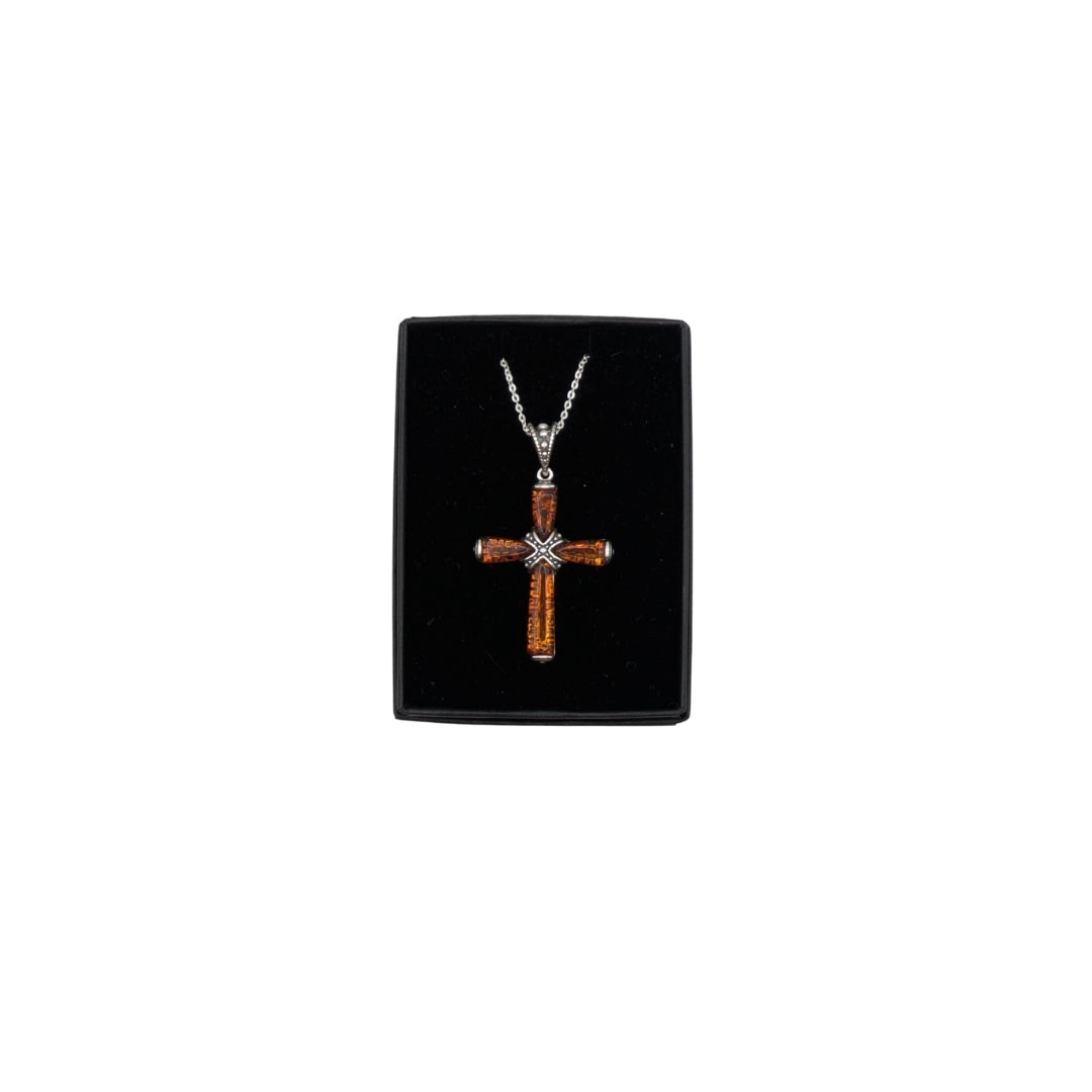 Amber and Silver Cross Necklace