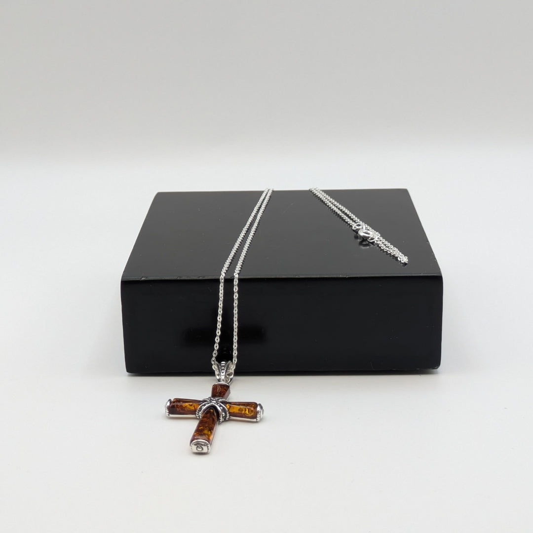 Amber and Silver Cross Necklace