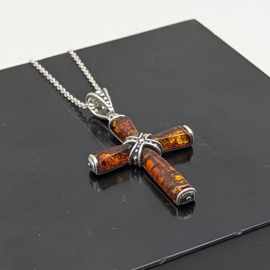 Amber and Silver Cross Necklace