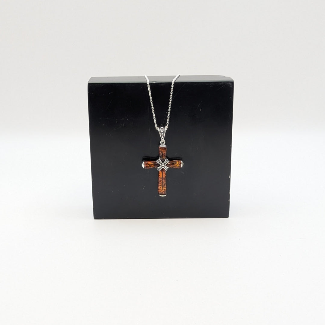 Amber and Silver Cross Necklace