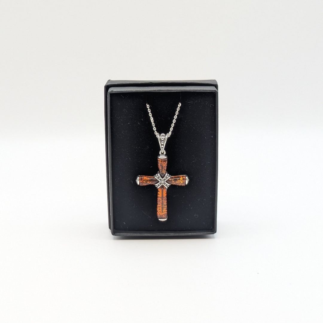 Amber and Silver Cross Necklace