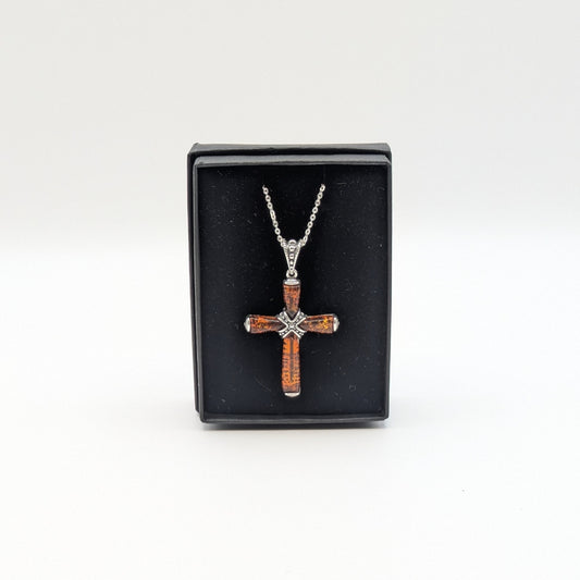 Amber and Silver Cross Necklace