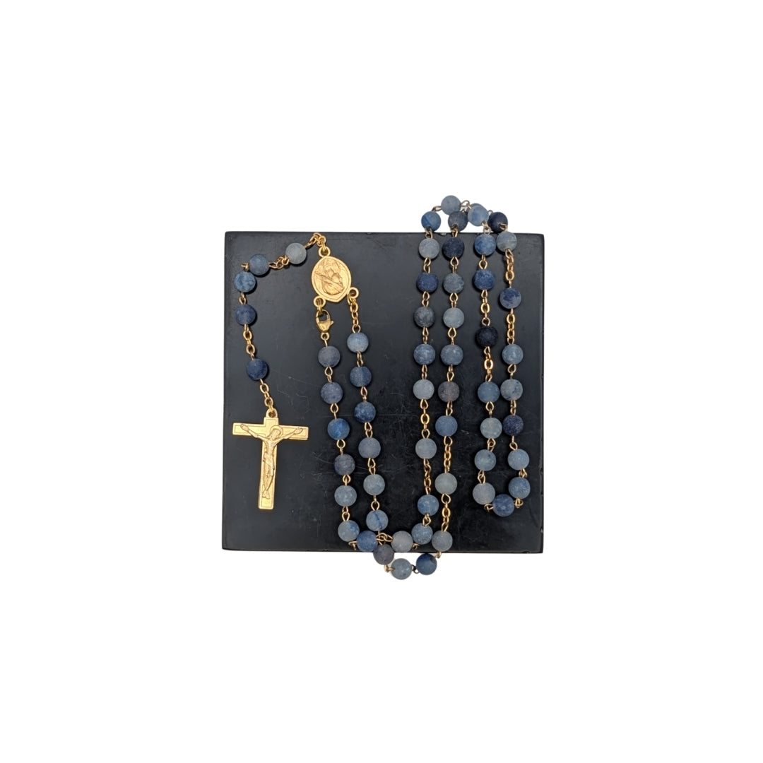 Blue Aventurine Natural Stone Rosary with Gold Coated Cross
