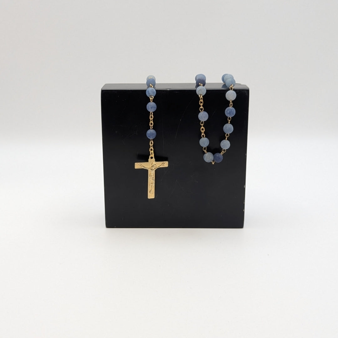 Blue Aventurine Natural Stone Rosary with Gold Coated Cross
