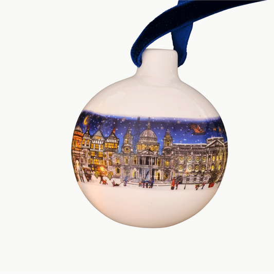 Close up image of a Bone China Bauble featuring an a Christmas scene featuring St Paul's Cathedral