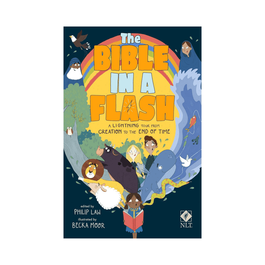 Book cover of 'The Bible in a Flash' with colorful illustrations on a blue background