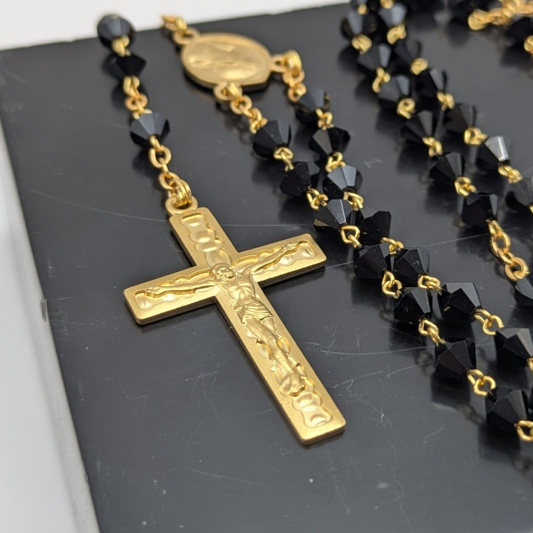Black Czech Crystal Rosary with Gold Coated Cross