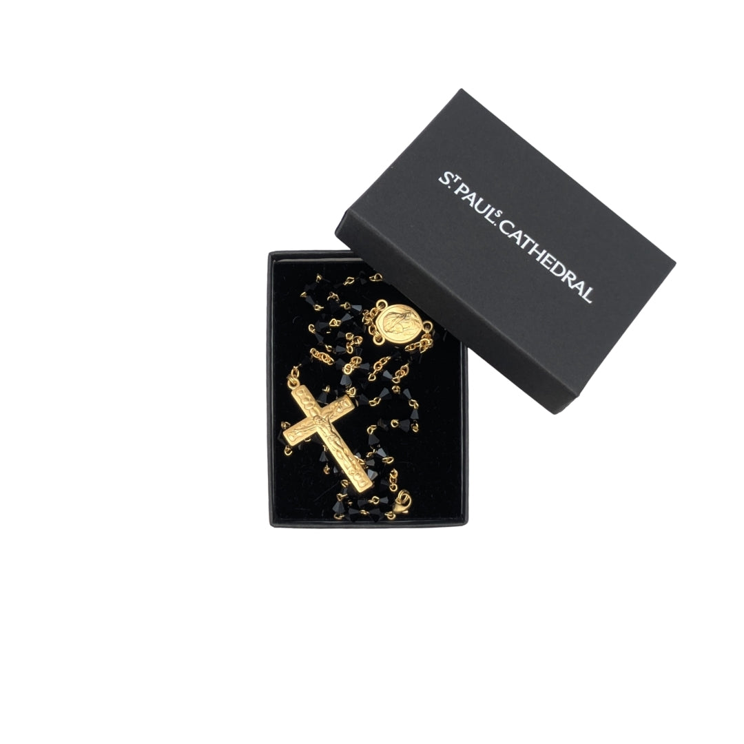 Black Czech Crystal Rosary with Gold Coated Cross