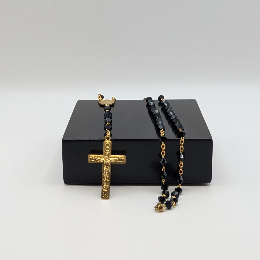 Black Czech Crystal Rosary with Gold Coated Cross