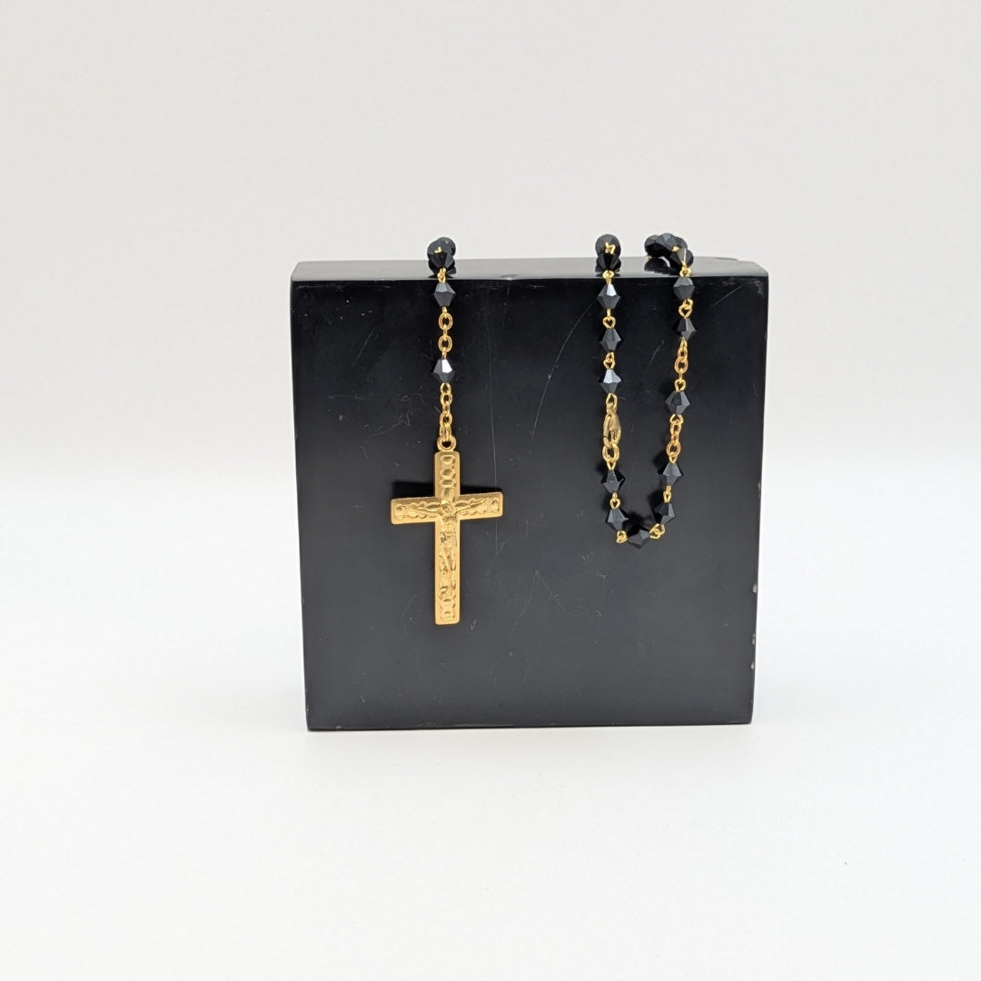 Black Czech Crystal Rosary with Gold Coated Cross