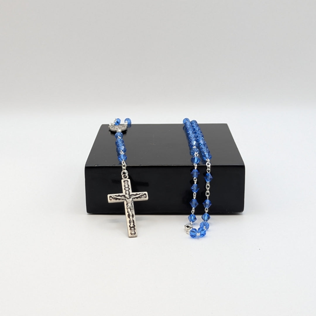 Blue Czech Crystal Rosary with Silver Plated Cross