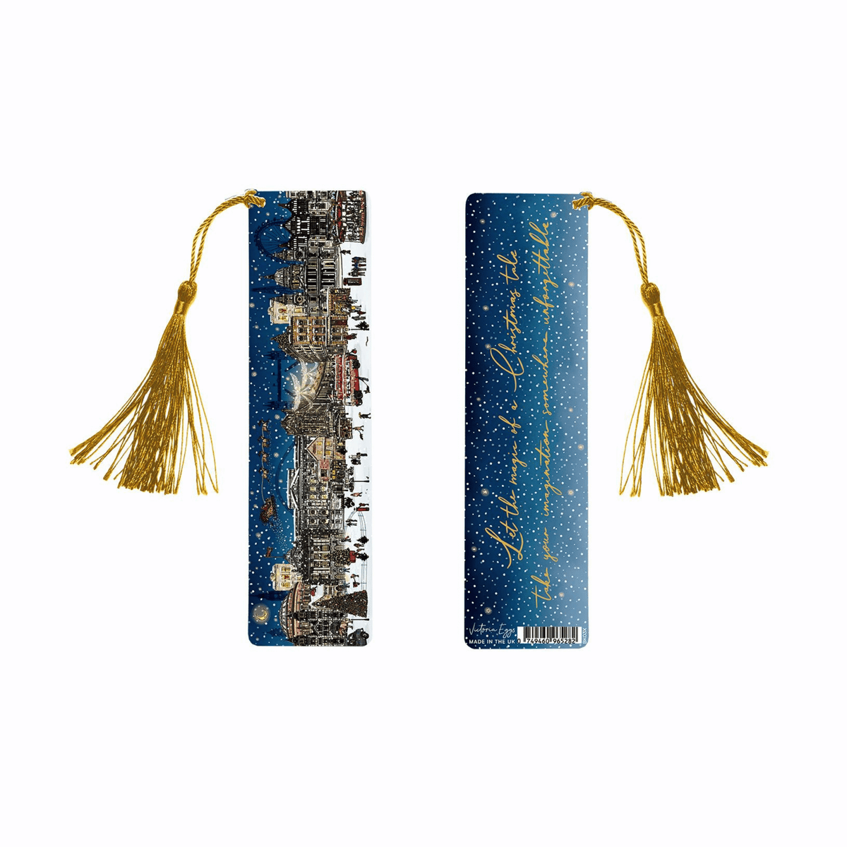 A decorative bookmark bookmark with gold tassels, shown front and back on a plain white background. The front bookmark features a detailed cityscape illustration in blue, white, and gold tones.