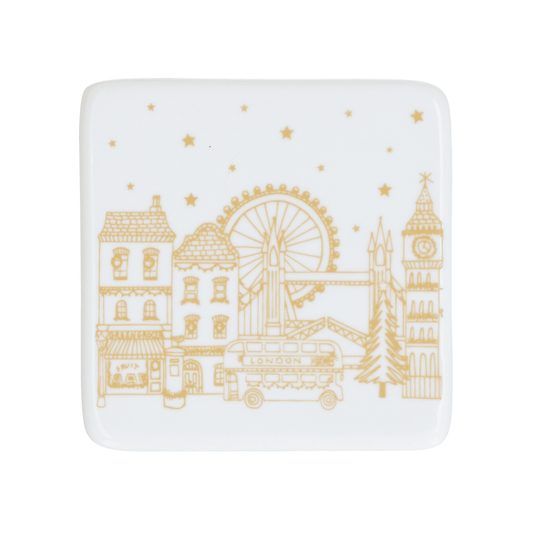 Gold Christmas Scene Porcelain Coaster