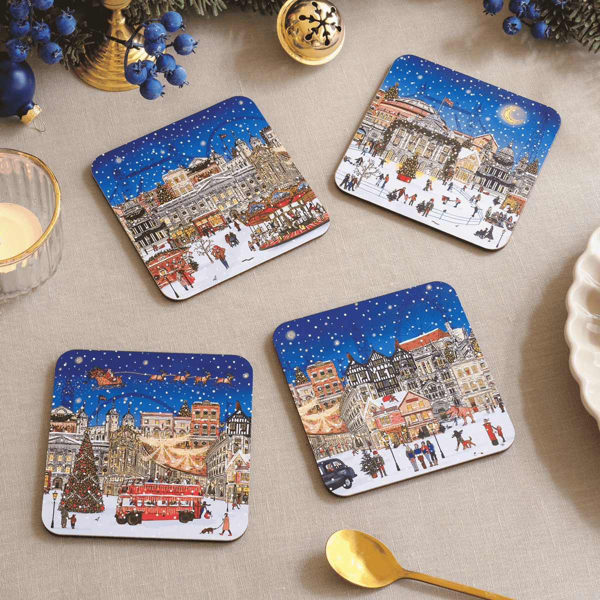 Set of 4 London Christmas scene Coasters