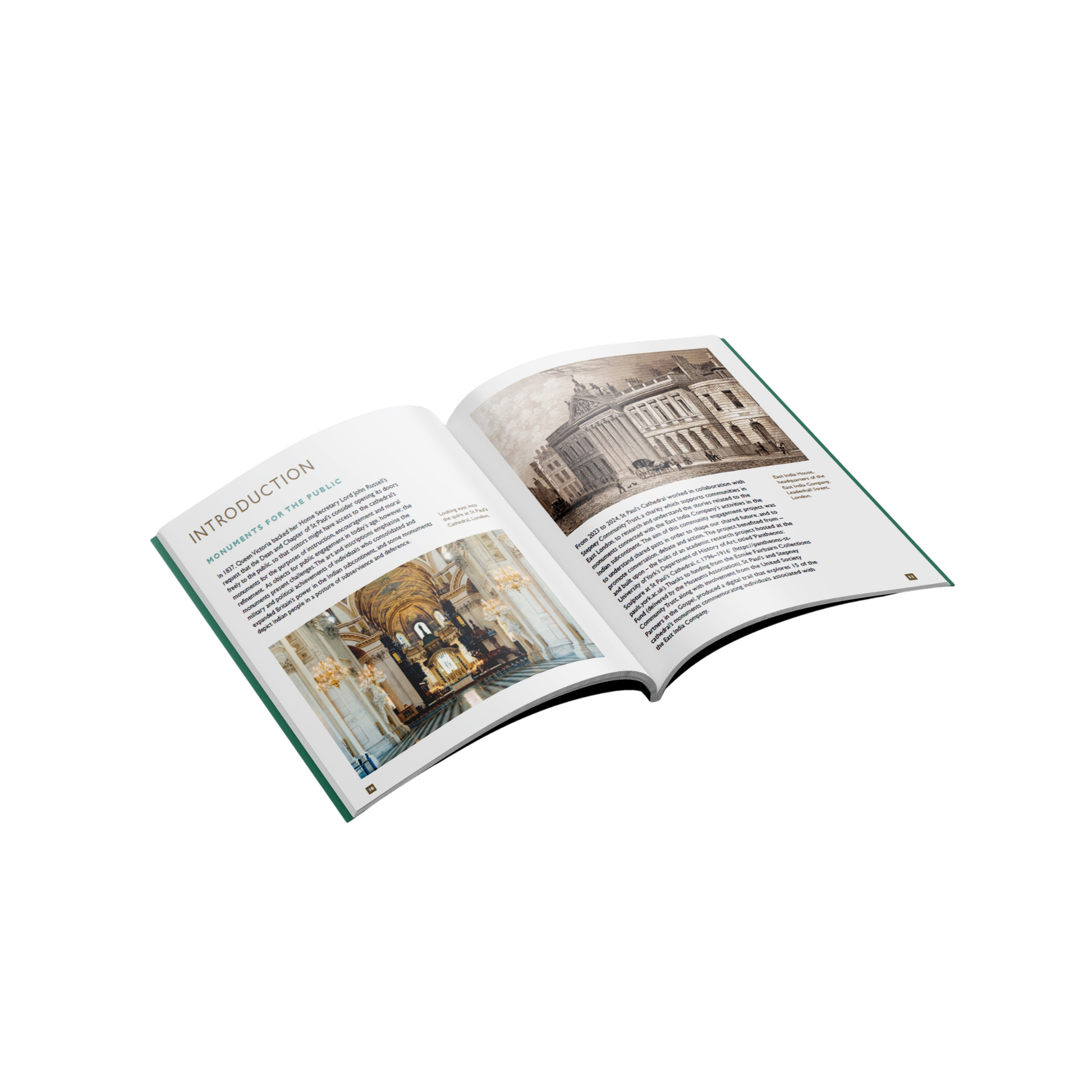 Open book with architectural images and text on a white background