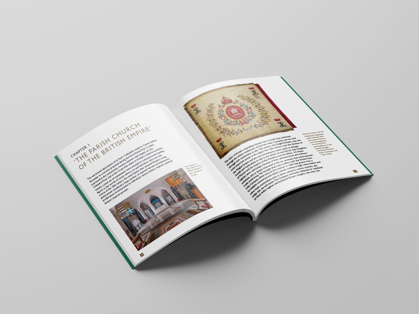 Open book on a gray background with text and images