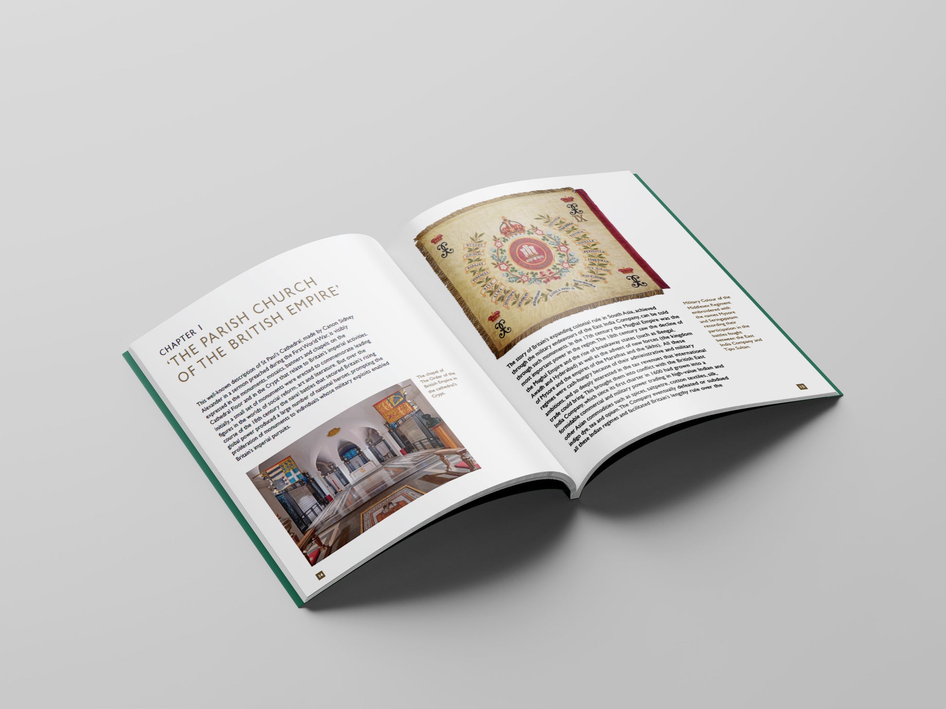 Open book on a gray background with text and images