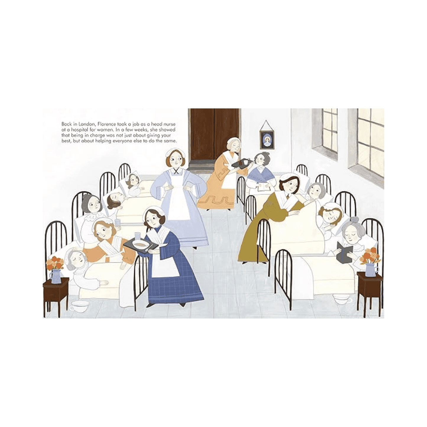 Illustration of a hospital ward with nurses and patients from a book.