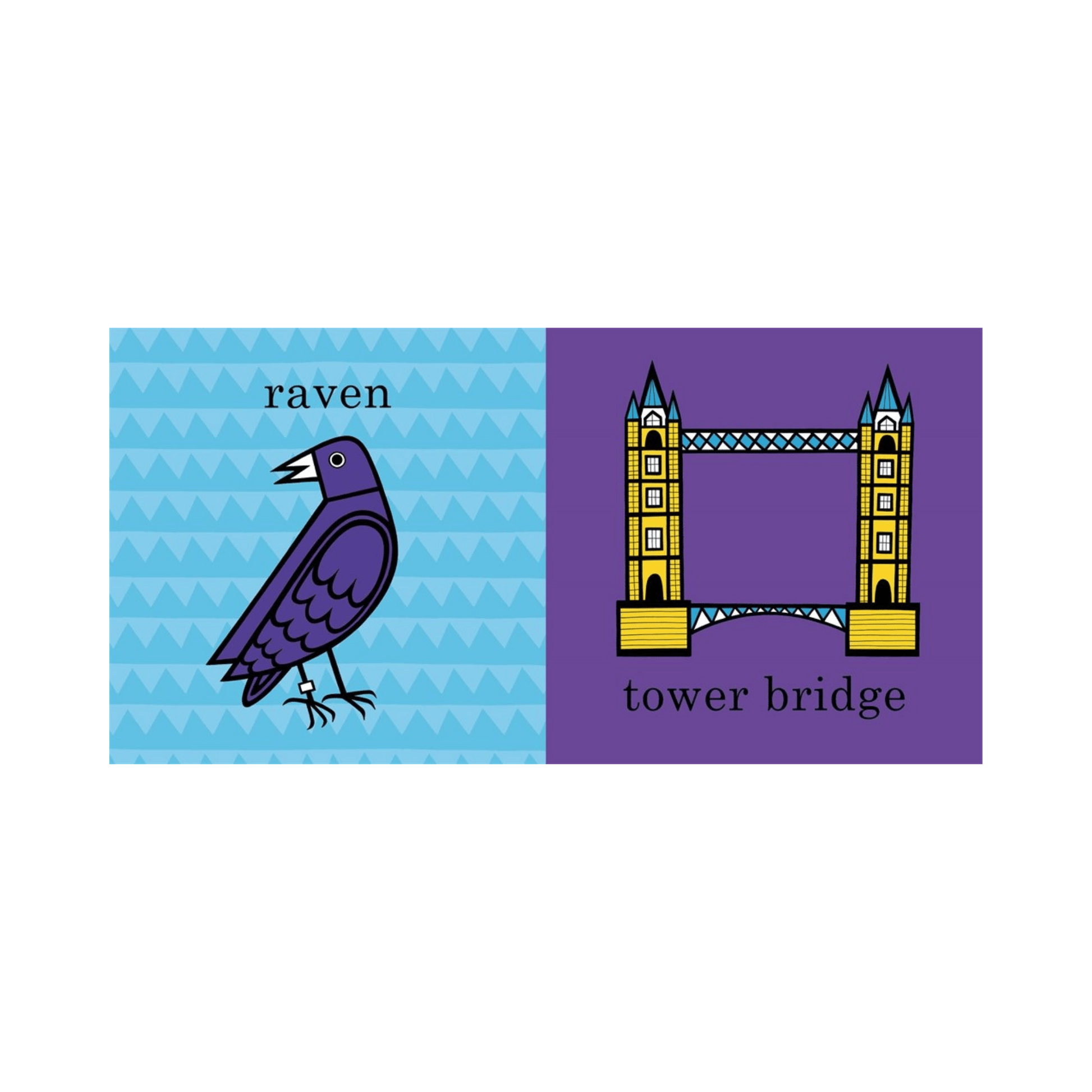 Illustration of a raven on a blue background and Tower Bridge on a purple background.