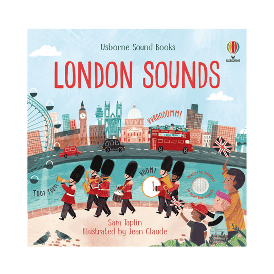 Book cover of 'London Sounds' by Usborne Sound Books with illustrations of London landmarks and a band.