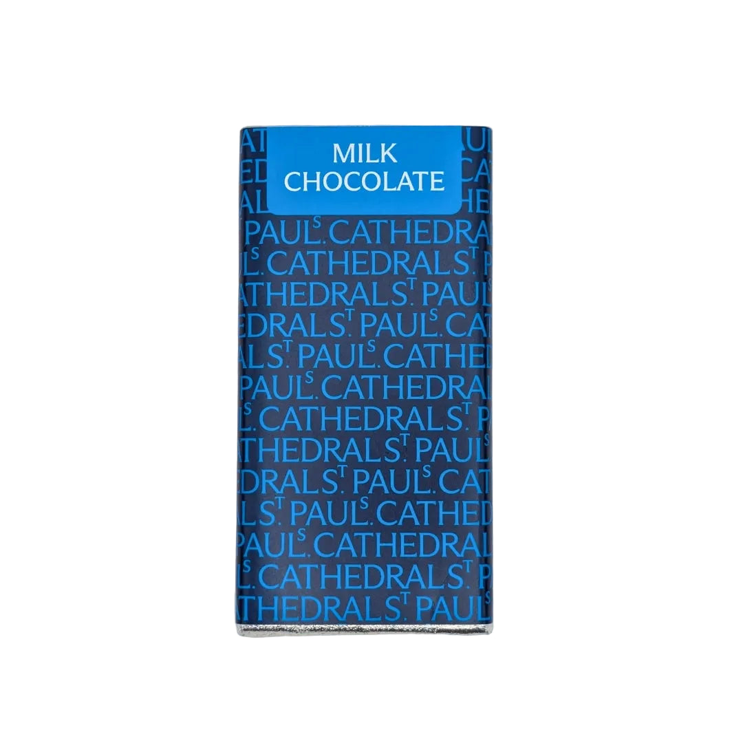 Bar of milk chocolate with 'Paul's Cathedral' branding