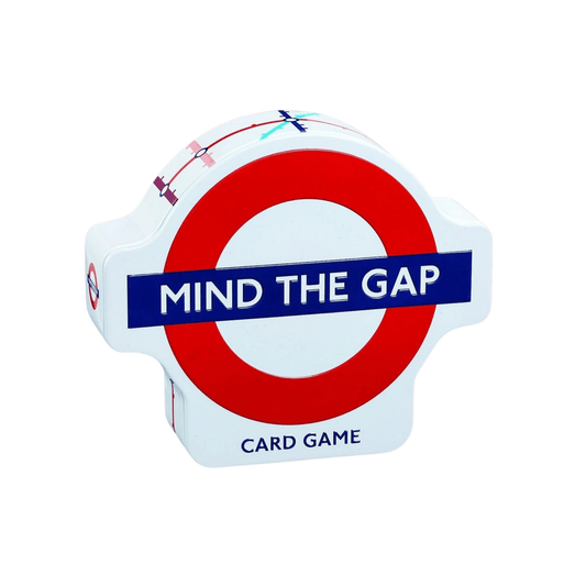 Card game packaging with 'Mind the Gap' design on a white background