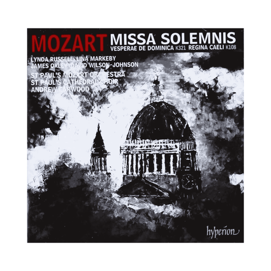Album cover for Mozart's Missa Solemnis with architectural illustration and text.
