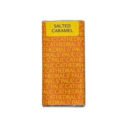 Pack of Salted Caramel chocolate bars with 'Paul's Cathedral' branding on a light gray background