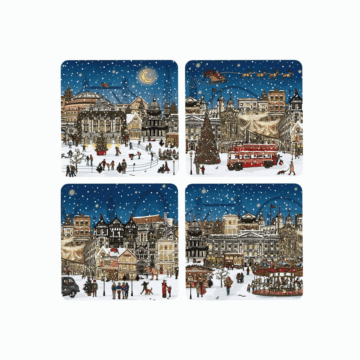 Set of four square coasters featuring festive winter city scenes with snow, buildings, people, Christmas trees, red buses, and a dark blue night sky with stars and a crescent moon.