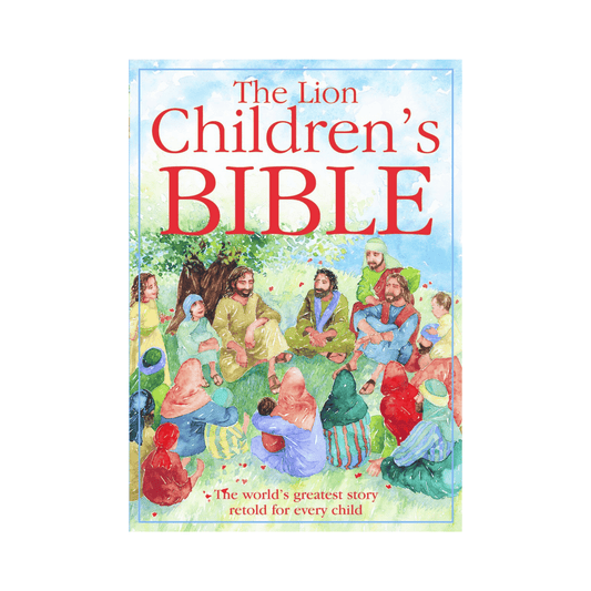 Children's Bible cover with colorful illustrations of people around a central figure, on a white background.
