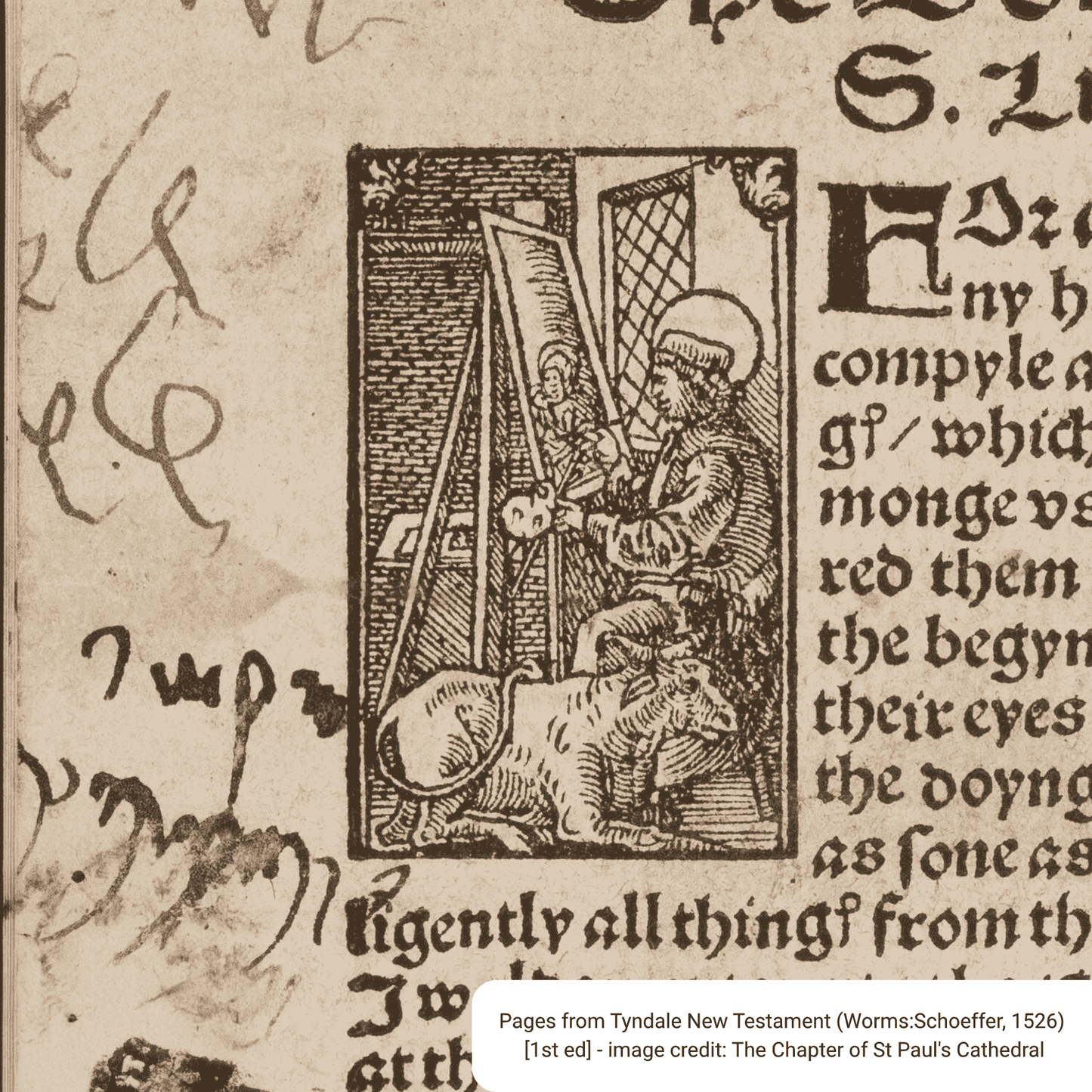 A close-up of an antique printed page showing a woodcut illustration of a person painting or drawing at an easel, surrounded by old black lettering on aged beige paper. A small caption at the bottom reads 'Pages from Tyndale New Testament (Worms-Schoeffel, 1526) [1st ed] - image credit: The Chapter of St.