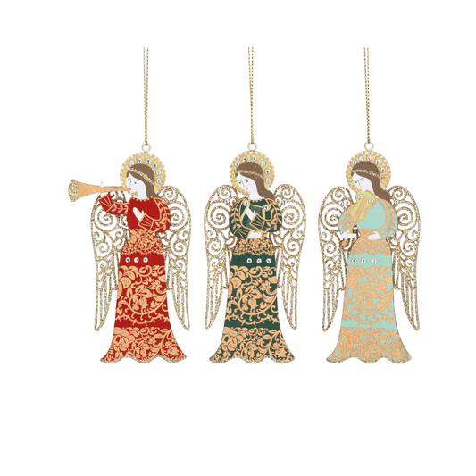 Three hanging angel ornaments on a white background, each with gold wings and halo details and dressed in different colors: red, dark green, and light aqua, with ornate gold filigree patterns.