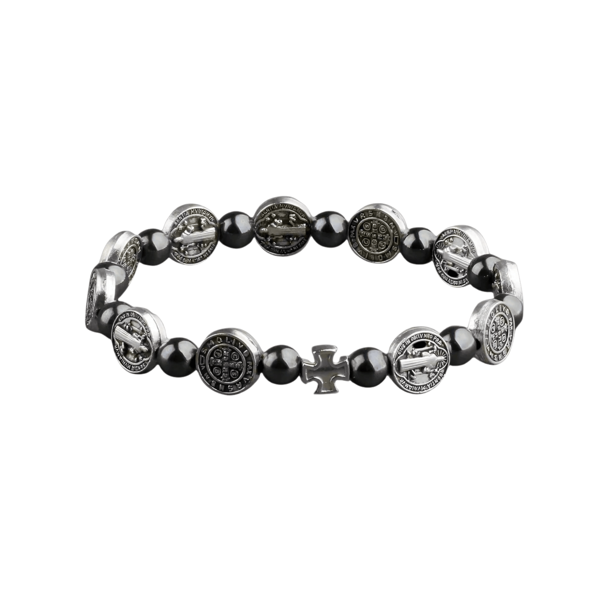 Bracelet with black beads and silver religious symbols on a white background